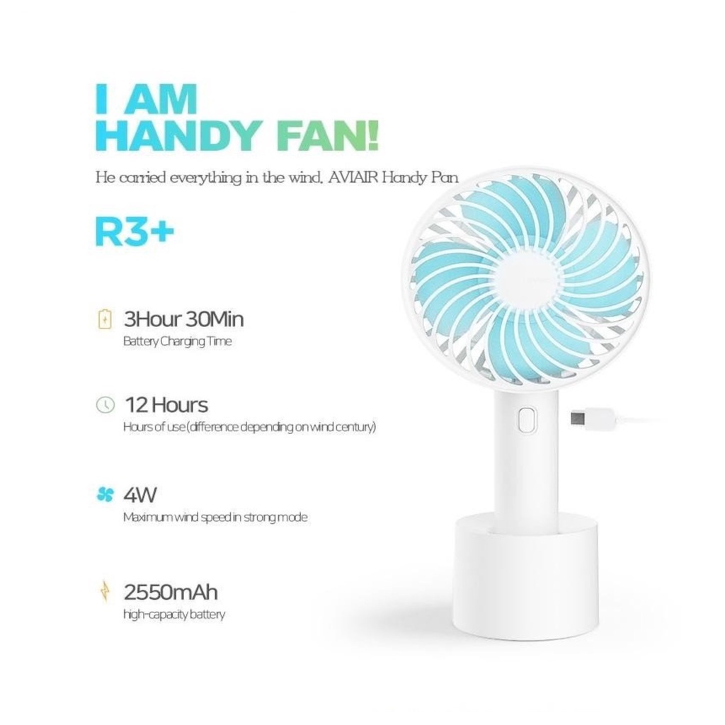 Quạt Tích Điện Cầm Tay AVIAIR R3+ 3 Mức Gió Kèm Đế Du Lịch Màu Trắng Xanh Pin Cực Khoẻ Dùng Liên Tục 8-12h