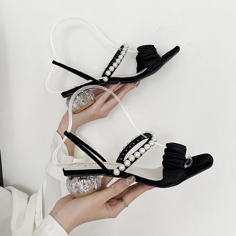 Giày xăng đan IELGY gót vuông có cỡ lớn đính ngọc trai nhân tạo thời trang cho nữ