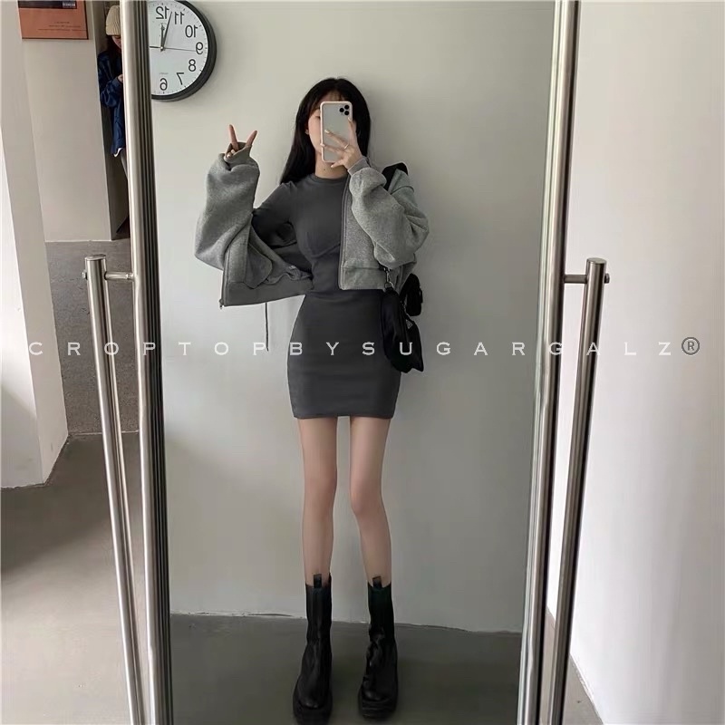 Set áo hoodie kèm váy body dài tay co giãn cổ 3 phân - by SGGz