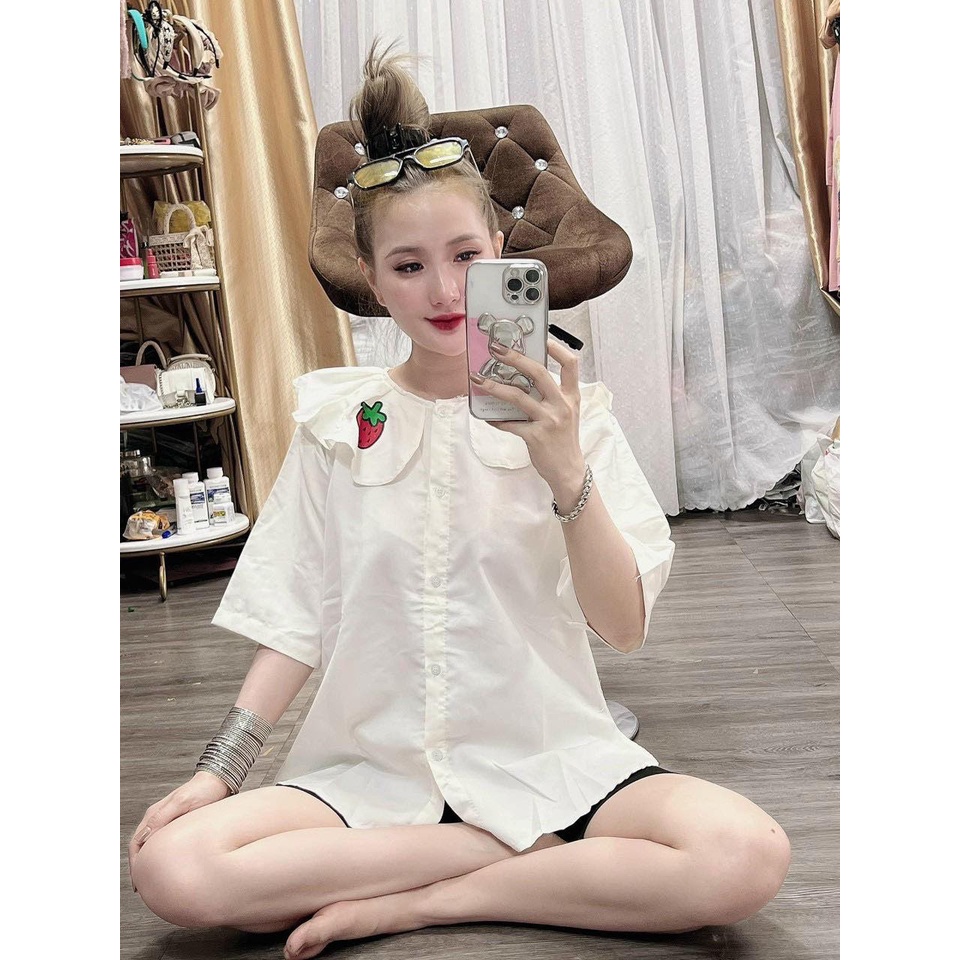 Set áo sơ mi họa tiết dâu, quần ngố ôm cho nữ mặc nhà, mặc đi chơi, thiết kế áo xẻ tà điệu đà, giá rẻ, mẫu đẹp