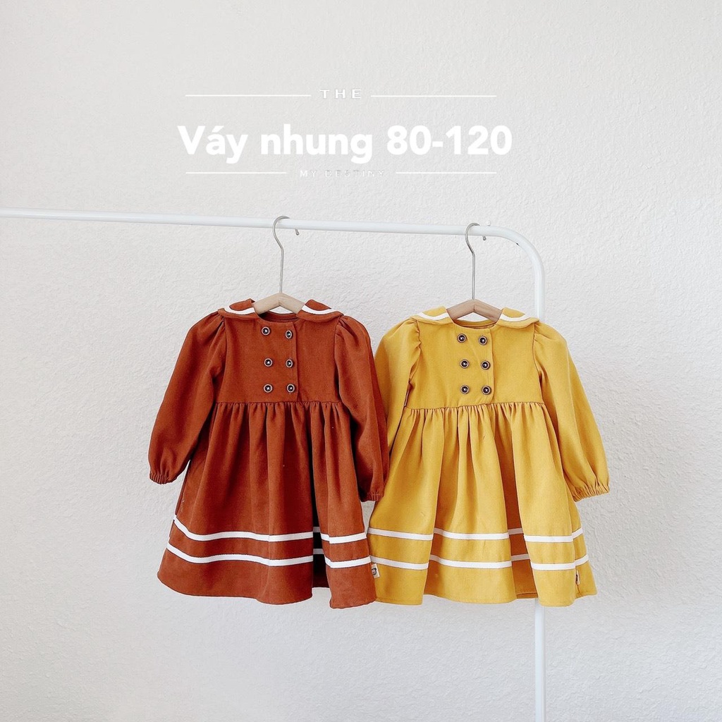 [size 12-25kg] Váy nhung dài tay có cổ, phối kẻ viền gấu cho bé gái xinh yêu, chất dày dặn