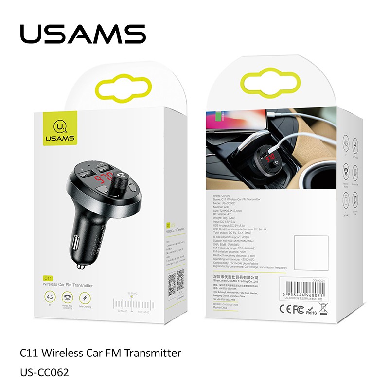 Tẩu sạc xe hơi USAMS C11 phát sóng FM không dây cổng type C PD cho iPhone OPPO Samsung Huawei VIVO Xiaomi