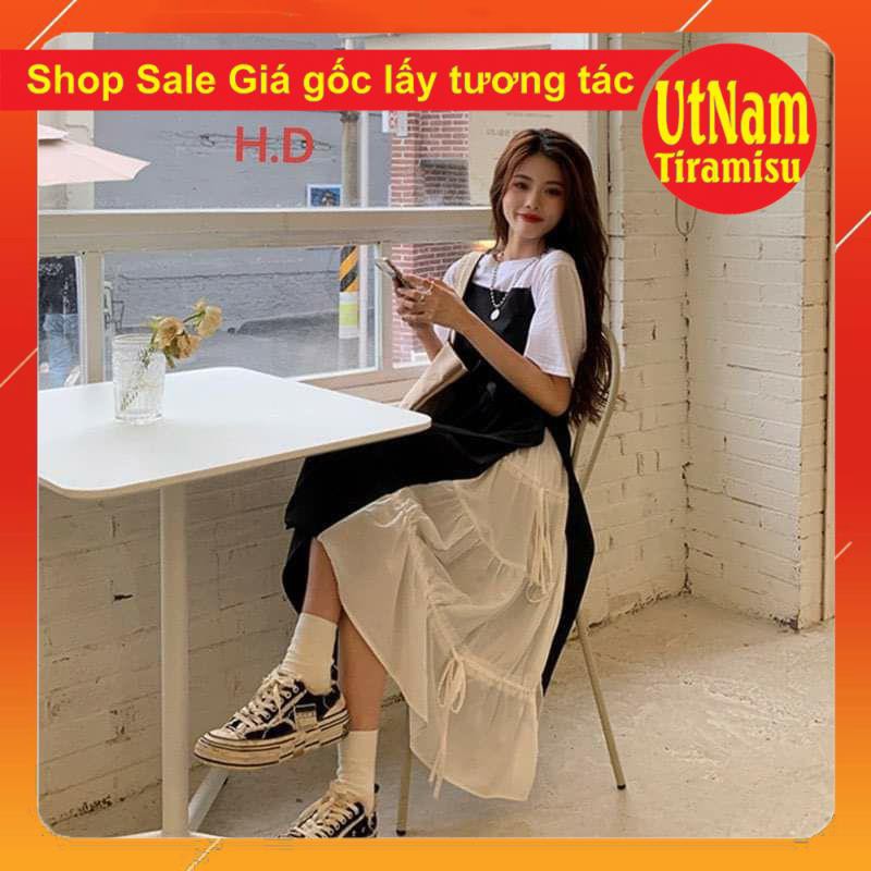 Sét váy 2 dây buộc eo phối váy trắng dáng xòe + áo thun trắng chất tuyết mưa basic nữ | BigBuy360 - bigbuy360.vn