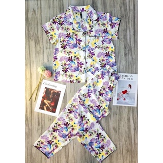 Đồ Bộ Pyjama Lụa Dài Mặc Nhà Nữ Hoa VNXK