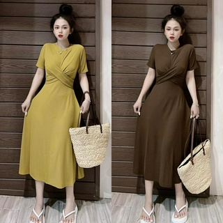 Đầm thun gân dáng xòe thắt eo tay ngắn xẻ tà thời trang nữ