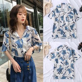 Áo sơ mi nữ tay ngắn cổ chữ V phong cách Harajuku Hàn Quốc