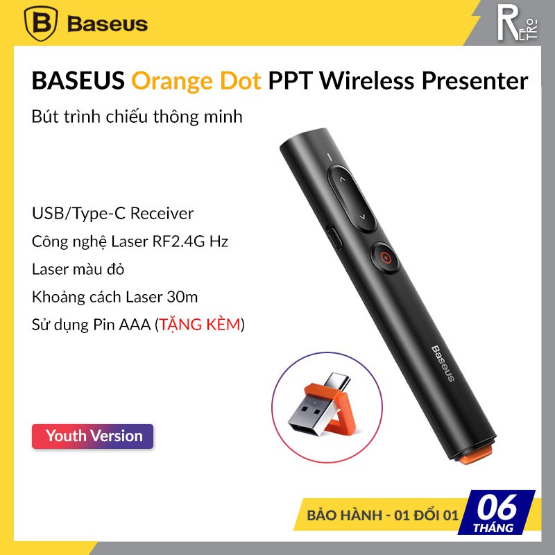 Bút Trình Chiếu Baseus Orange Dot PPT Wireless Presenter cho Macbook/ Windows/ Android Kết Nối USB Và Type-C Receiver