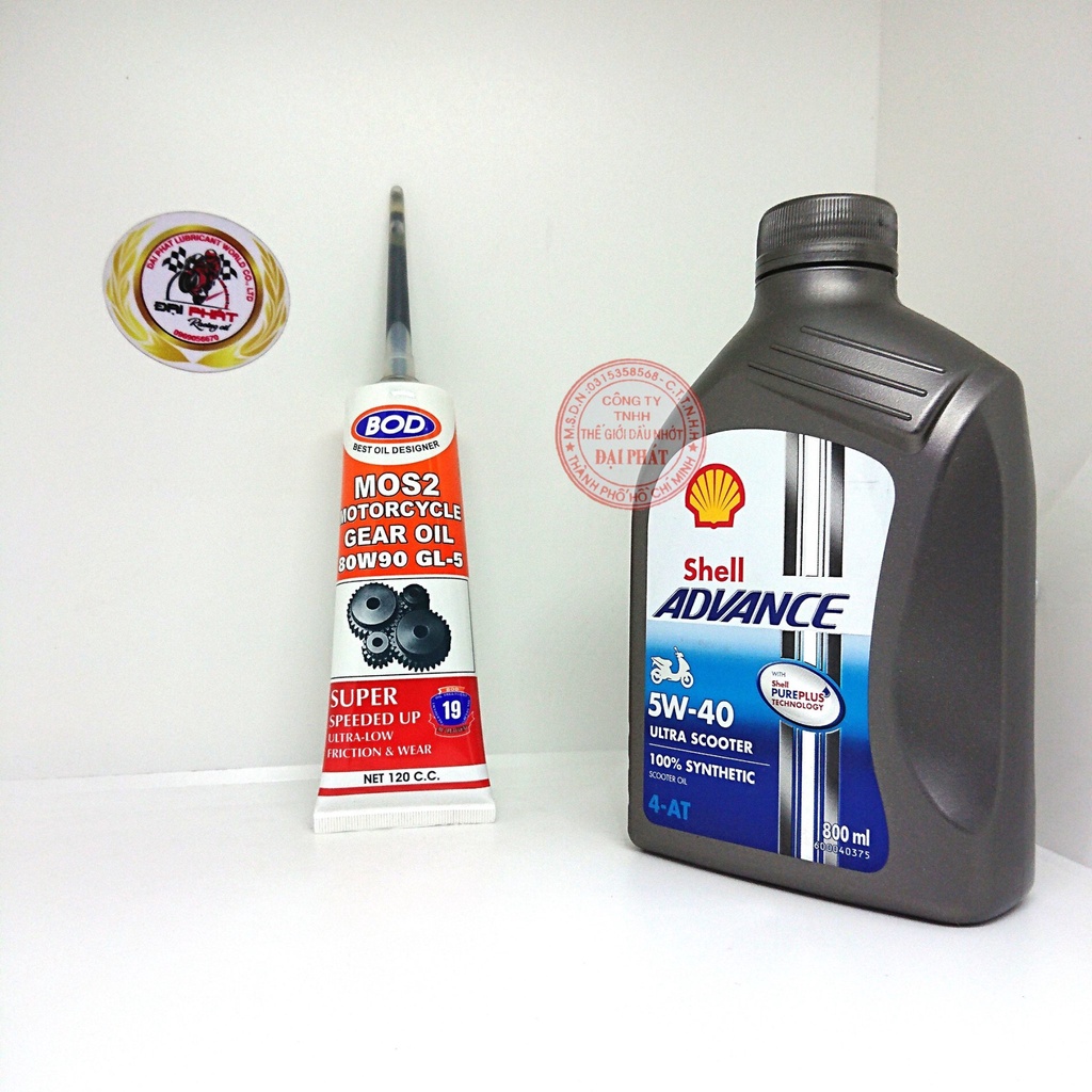 Compo nhớt máy shell utra scooter 5w40 800ml,nhớt lap bod 80w90 Mos2 chống hú lap
