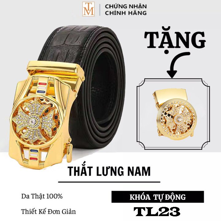 Thắt lưng nam da cao cấp - Tặng kèm 1 mặt - Thiết kế đính đá mặt xoay 360, khóa tự động