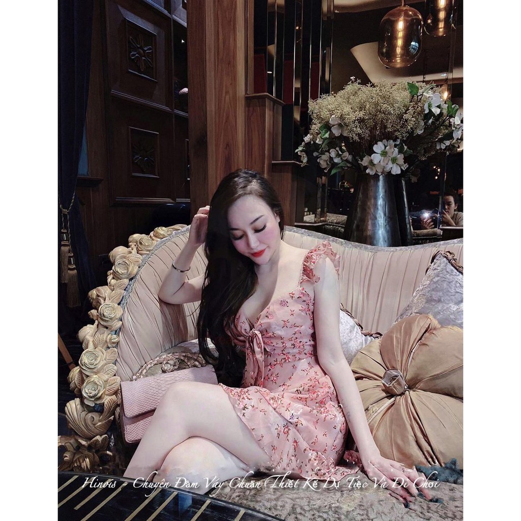 Đầm Hoa 2 Dây, Đầm Tay Cánh Tiên Có Thắt Nơ Ở Ngực, 2 Màu Hồng - Xanh Rêu