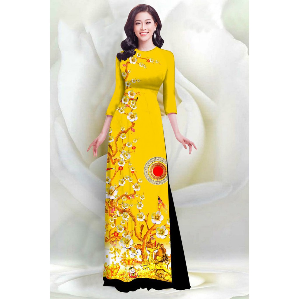 Áo dài in 4D họa tiết hoa mai - MS2052AD không kèm quần
