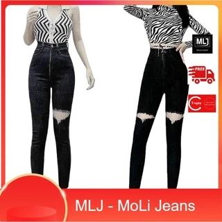 Quần jean đen muối tiêu rách đùi, gấu tua lai kiểu dành cho Bigsize, lưng cao, co dãn mạnh