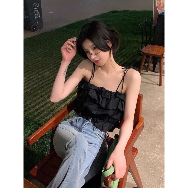 Áo 2 Dây Croptop Nữ Thắt Nơ Bèo Nhún Ngực Eo Xanh Trắng Đen - Áo Croptop Thô Đũi Độc Lạ Tôn Dáng 3 Máu