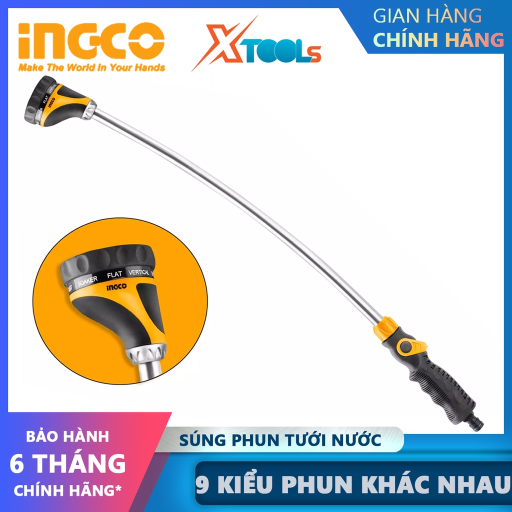 Súng phun nước tưới INGCO HWW092 | vòi phun tưới nước dài Đầu kim loại, có 9 kiểu phun phun dày, thưa, phẳng, vòi hoa se