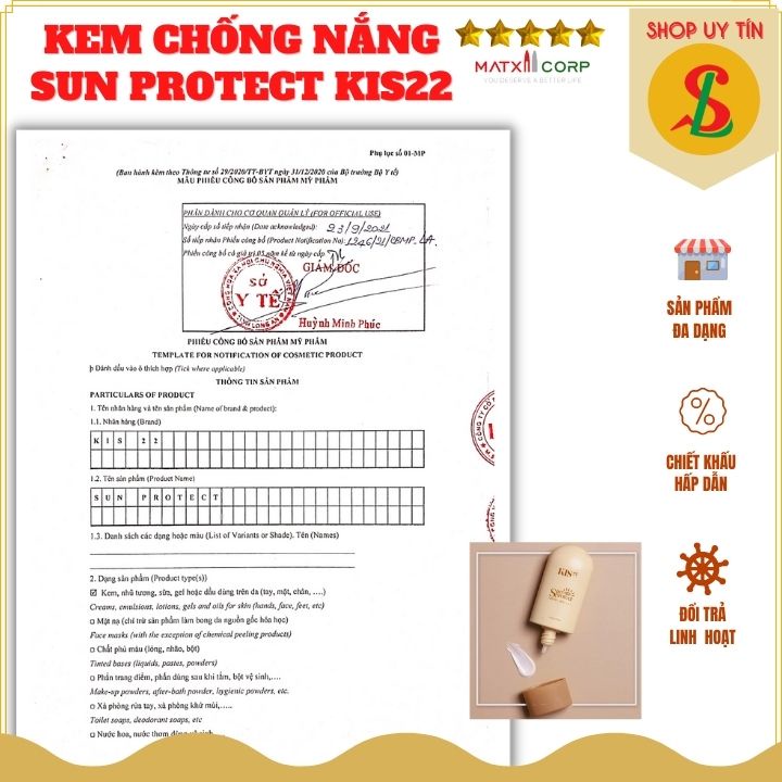 Kem chống nắng Sun Protect Kis22 không bết rít nâng tone nhẹ, bảo vệ da khỏi tia UV, SPF 50+ PA++++