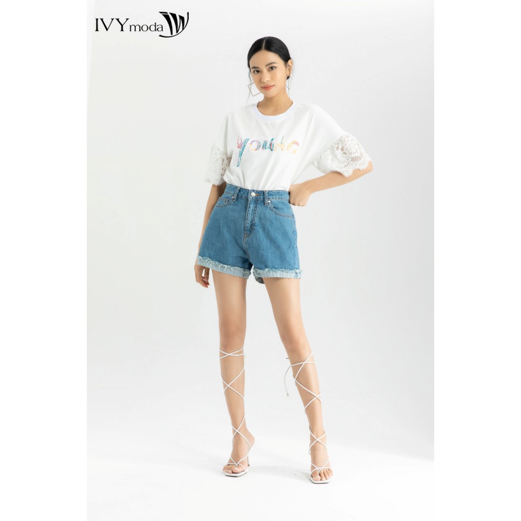 [NHẬP WABRTL5 GIẢM 10% TỐI ĐA 50K ĐH 250K ]Quần sooc jeans nữ gấu tua rua IVY moda MS 23B8030