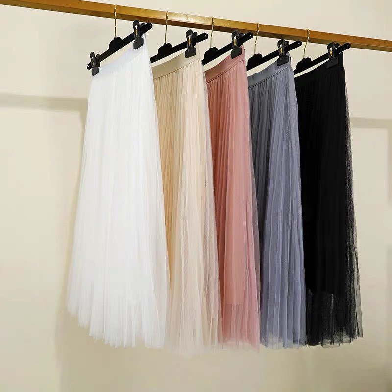 (HÀNG SẴN) Chân váy lưới xếp ly dáng dài bồng bềnh