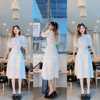 Đầm cổ tròn midi trắng thắt nơ eo thảo xinh shop