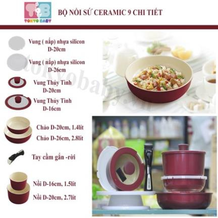 BỘ NỒI CERAMIC IRISH OYAMA 9 CHI TIẾT MÀU ĐỎ