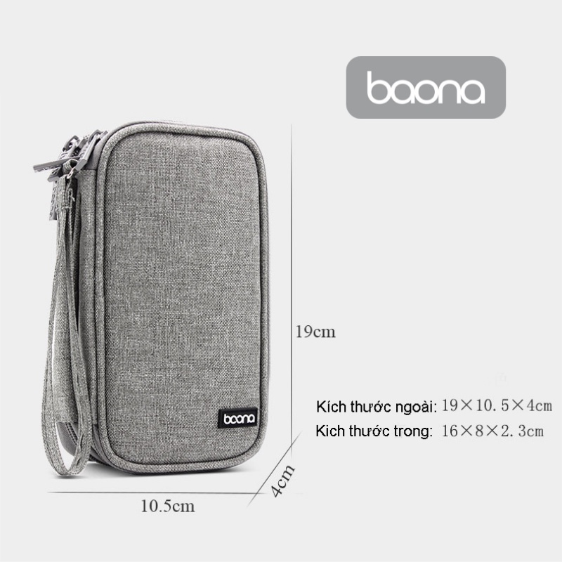 Túi Baona đựng Pin dự phòng, Điện thoại, sạc cáp, tai nghe thẻ nhớ, phom mềm 2 Ngăn E001