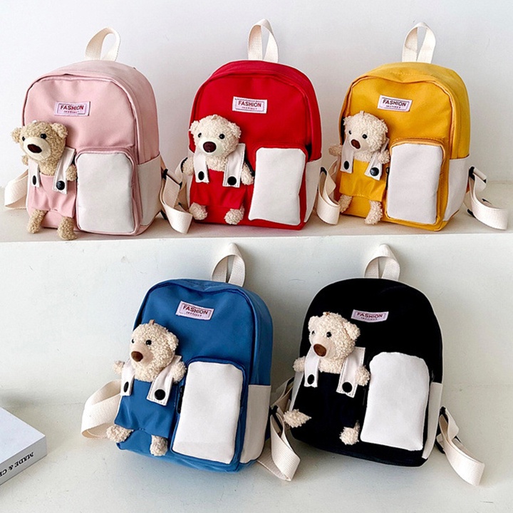 Balo cho bé đi học mầm non vải dù mềm, chống thấm nước kèm gấu size 24cm BALO-559