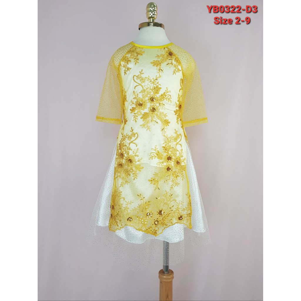 YB0322-D3 - Bộ bé gái áo dài ren chân váy , đính hoa cườm , màu vàng chanh , size 2t-9t , ri8 .