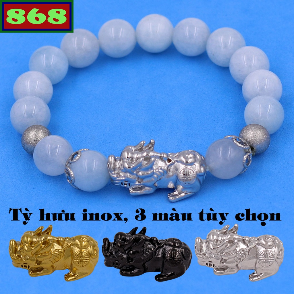 Vòng chuỗi đeo tay đá xám trắng charm tỳ hưu inox, bi inox, khía bông inox, từ hạt 8 ly đến 12 ly