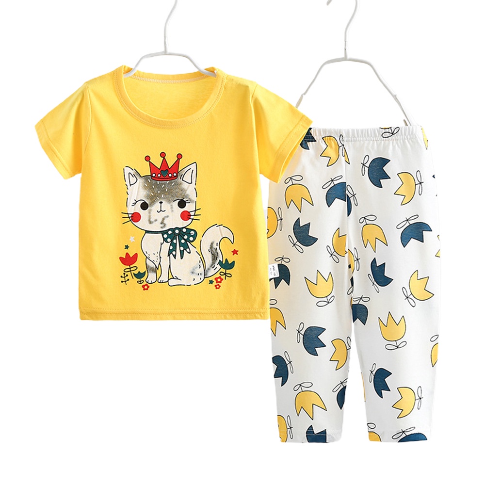 Bộ đồ ngủ tay ngắn cổ tròn chất liệu cotton mềm in họa tiết hoạt hình thời trang mùa hè cho bé