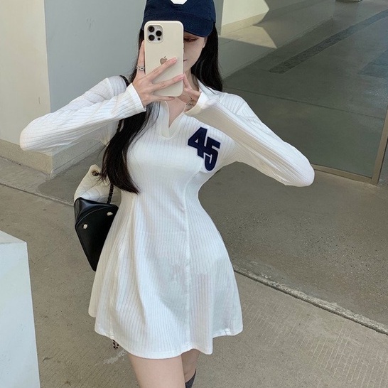 Váy Thun Tăm Polo Dài Tay Đầm Xoè Cổ Sơ Mi Thêu Số 45 Dáng Bassic Sexy Hàn Quốc | BigBuy360 - bigbuy360.vn