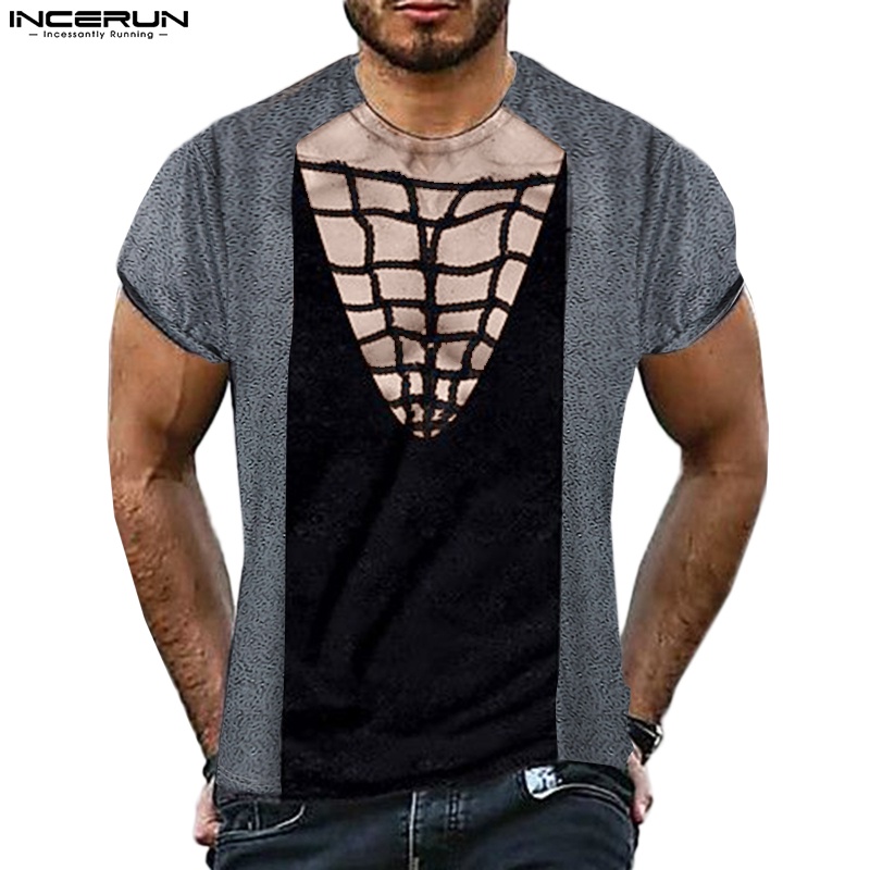 INCERUN Áo nam Ngắn Tay Cổ Tròn In Hình Thời Trang