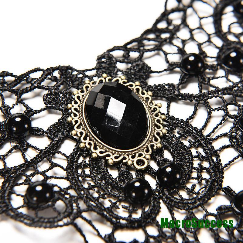 Vòng Cổ Choker Vải Ren Màu Đen Đính Hạt Phong Cách Gothic