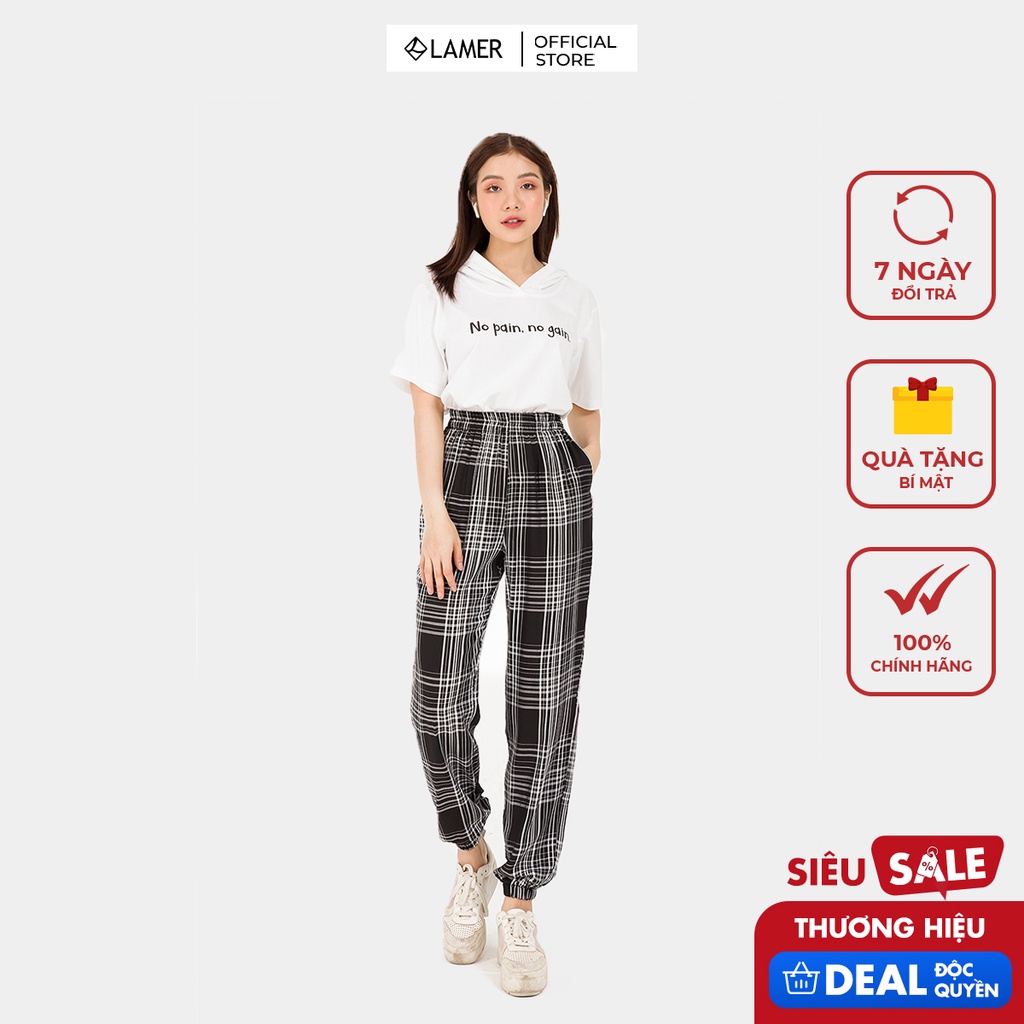 [Mã WABRLAMER giảm 15% tối đa 66k đơn 150k] Quần chun gấu, 2 túi VIENNETRAN O64O20H001 (Đen kẻ / Kẻ xanh than)
