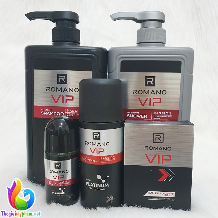 Combo Romano VIP Passion: Dầu Gội + Sữa Tắm 650g + Nước Hoa 50ml + Lăn Khử Mùi 50ml + Xịt Khử Mùi 150ml