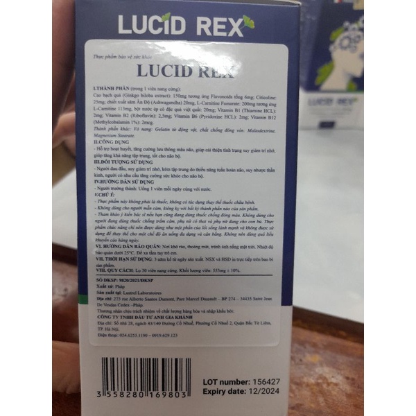 Lucid Rex_viên uống bổ não,hoạt huyết,tăng cường lưu thông máu não,cải thiện tình trạng suy giảm trí nhớ.Lọ 30 viên