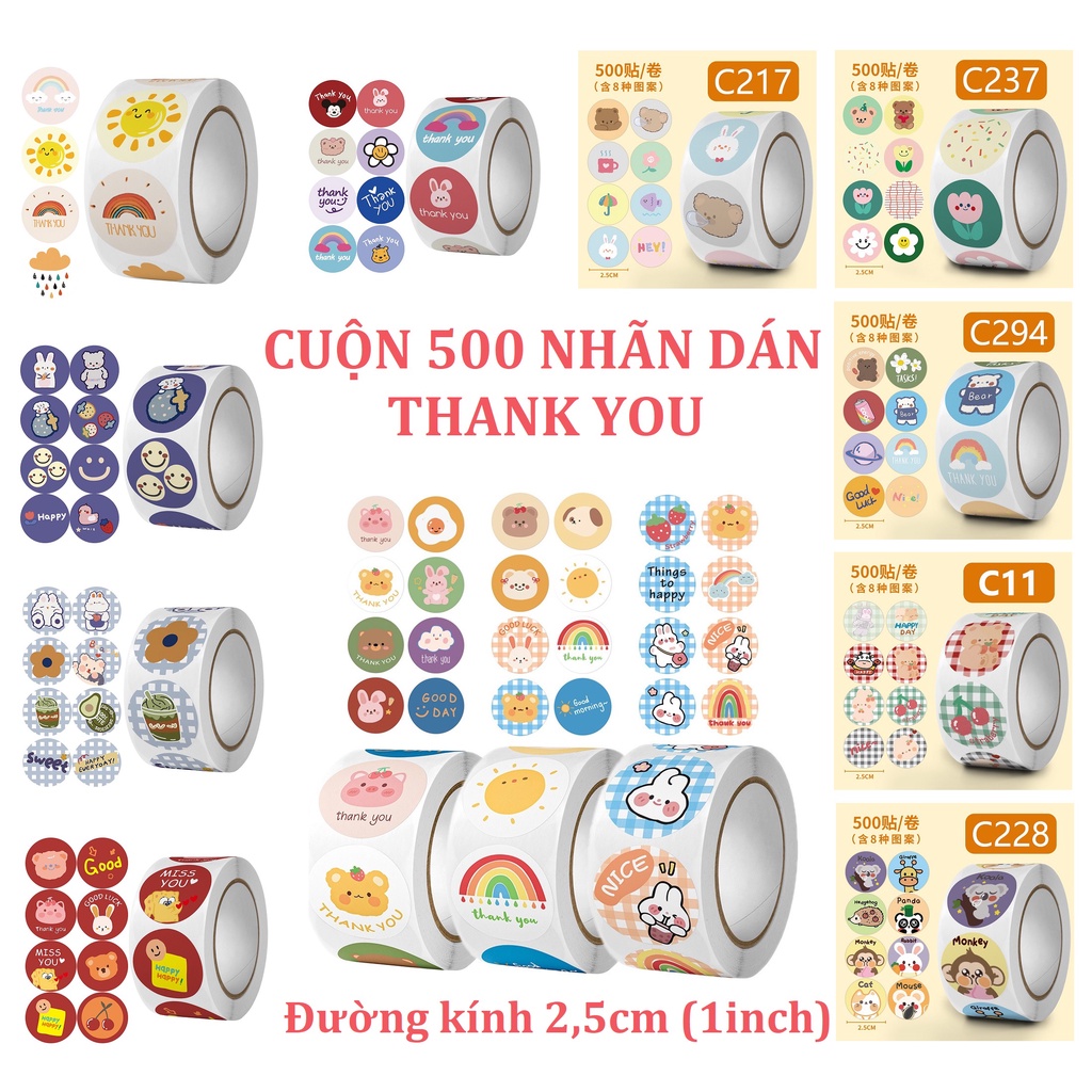 Cuộn 500 tem nhãn dán Sticker Thank you gấu thỏ dễ thương, khích lệ khen thưởng học tập cho bé với họa tiết đáng yêu