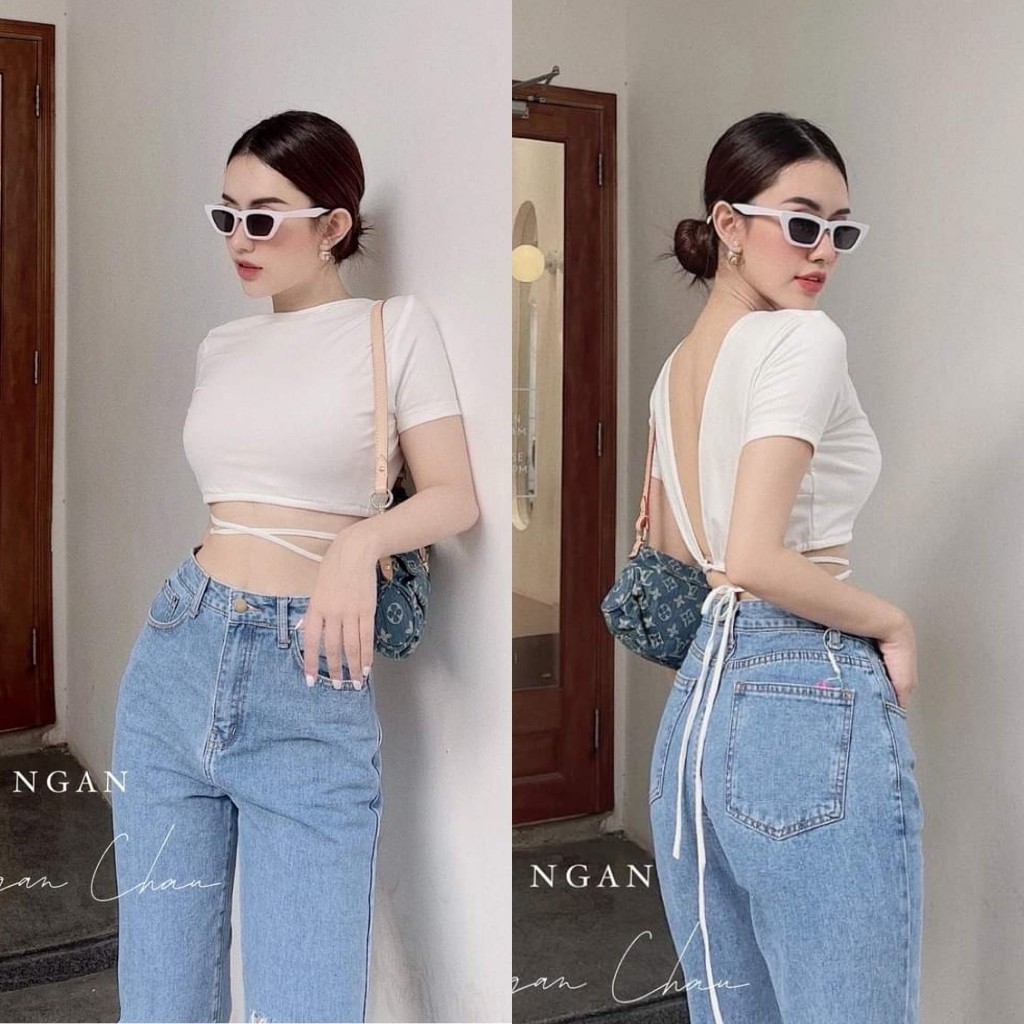 Áo Croptop Tay Ngắn Cột Dây Eo Mặc Được 2 Kiểu Trước Và Sau _ Hàng Chuẩn, Ảnh Thật