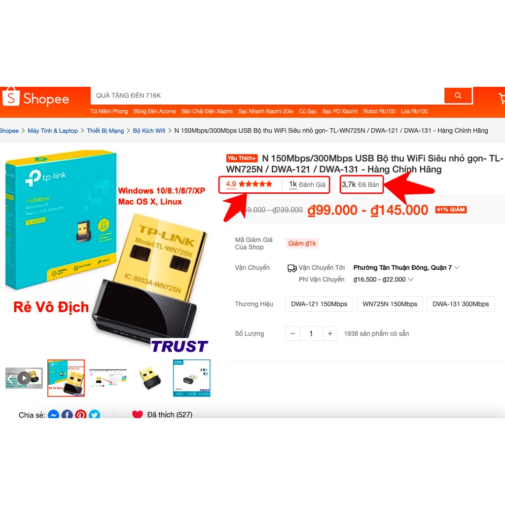 N 150Mbps/300Mbps USB Bộ thu WiFi Siêu nhỏ gọn- TL-WN725N / DWA-121 / DWA-131 - Hàng Chính Hãng