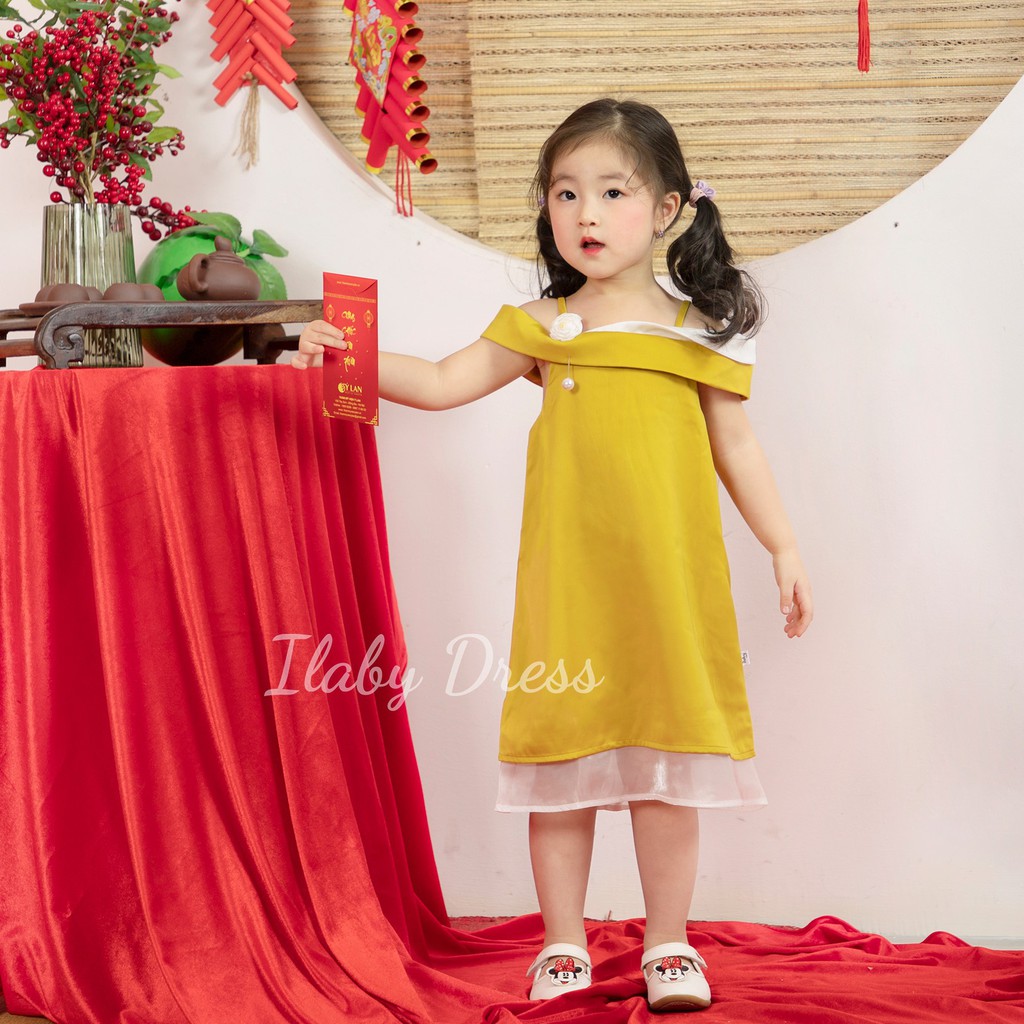 Váy bé gái ILABY charmaine dress chất lụa hai dây cài hoa lót habutai kiểu dáng độc đáo [V164] – ILABY >>> top1shop >>> shopee.vn
