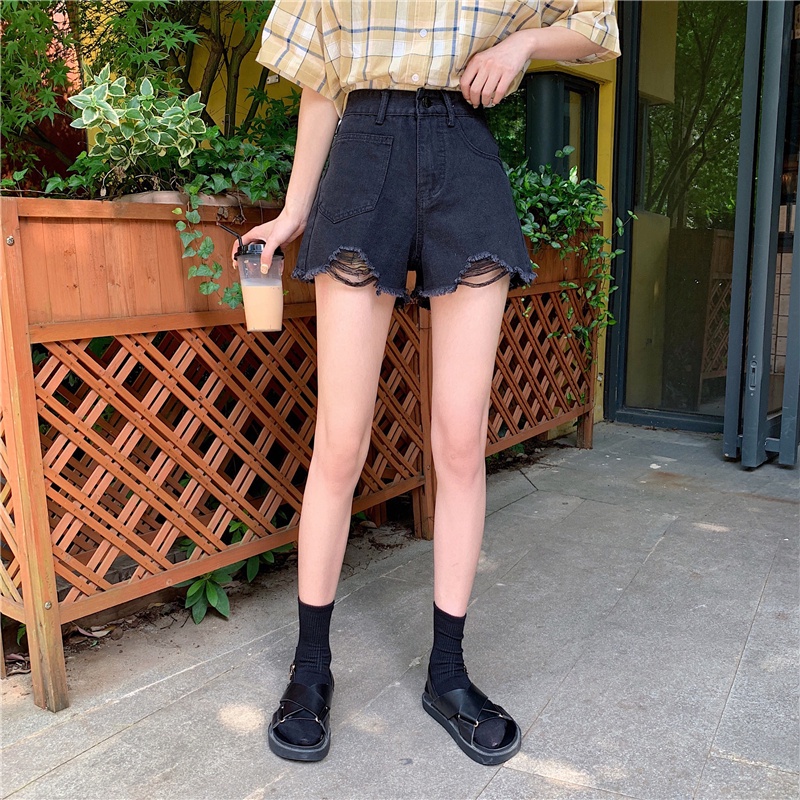 Quần đùi denim IHKKE màu đen lưng cao thời trang dành cho nữ
