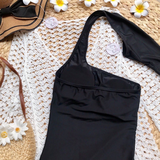 Bikini, Áo tắm liền thân che bụng tay dài 1 bên màu đen sexy cá tính