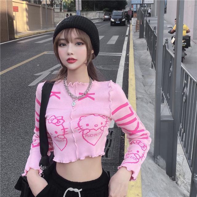 Jiashucheng Áo Sweater Dáng Ôm Ngắn Màu Hồng Phong Cách Hoạt Hình Dễ Thương Thời Trang Mùa Đông Cho Nữ