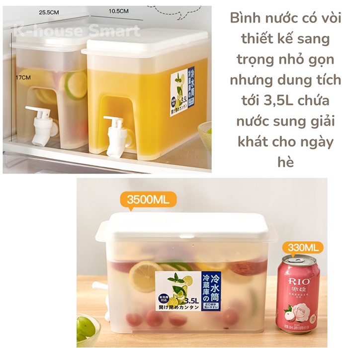 PVN6785 Bình đựng nước /chanh/detox có vòi cao cấp 3.5L để trong tủ lạnh uống siêu mát có vòi việt nhật