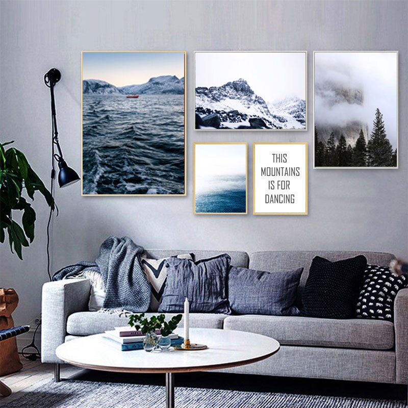 Tranh canvas treo tường in hình phong cảnh núi tuyết phong cách Bắc Âu trang trí nhà cửa