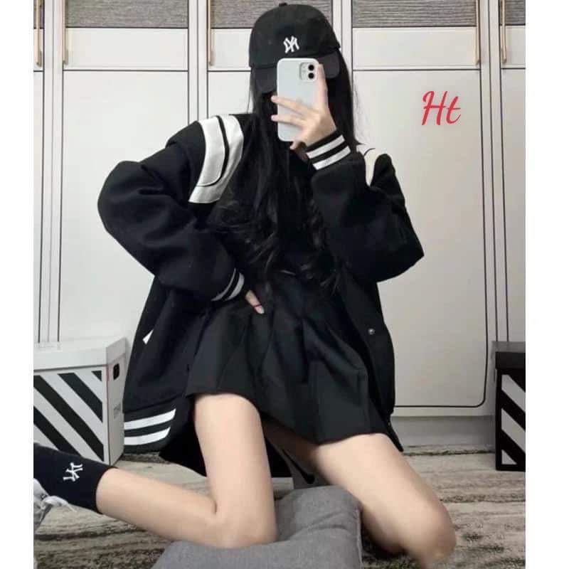 Áo bomber bóng chày phối vai trắng