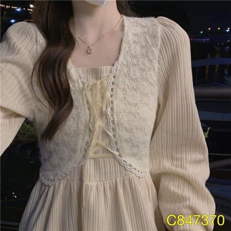 Váy nhung tăm nữ tính dài maxi gile ngắn phong cách Hàn