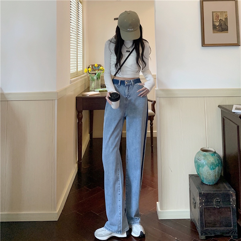 Quần Denim Lưng Cao Ống Suông Phối Màu Sắc Tương Phản Trẻ Trung