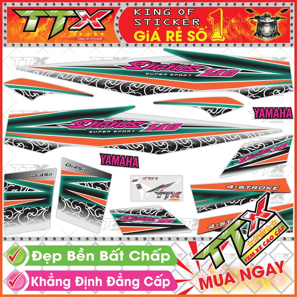 Tem xe sirius hoa văn xoắn , Team phụ kiện sirius màu đen nền bạc tuyệt đẹp , Shop TTX Tem rời sirius mã (S0007/00)