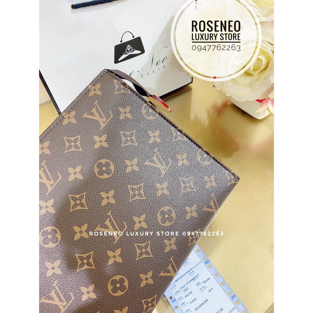 [Ảnh thật] Ví Clutch pouch LV SUPER VIP‼️fullbox, card, túi vải,bill clutch cầm tay Louis Vuitton hoa nâu