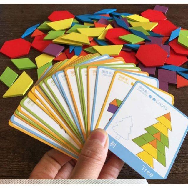 [MẪU MỚI hàng Việt Nam] Ghép hình Pattern Blocks 130 miếng ghép + 24 thẻ - mẫu mới hộp trắng