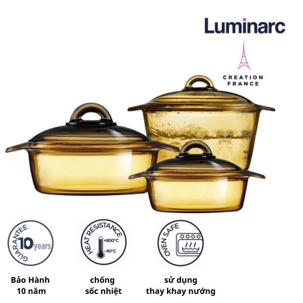 Bộ 3 nồi thủy tinh cao cấp Luminarc Blooming 1lít, 2 lít & 3 lít - LUBL102030